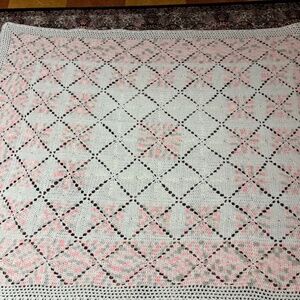 Handmade Crochet Baby Blanket Pink White Gray Raised 62" x 52"